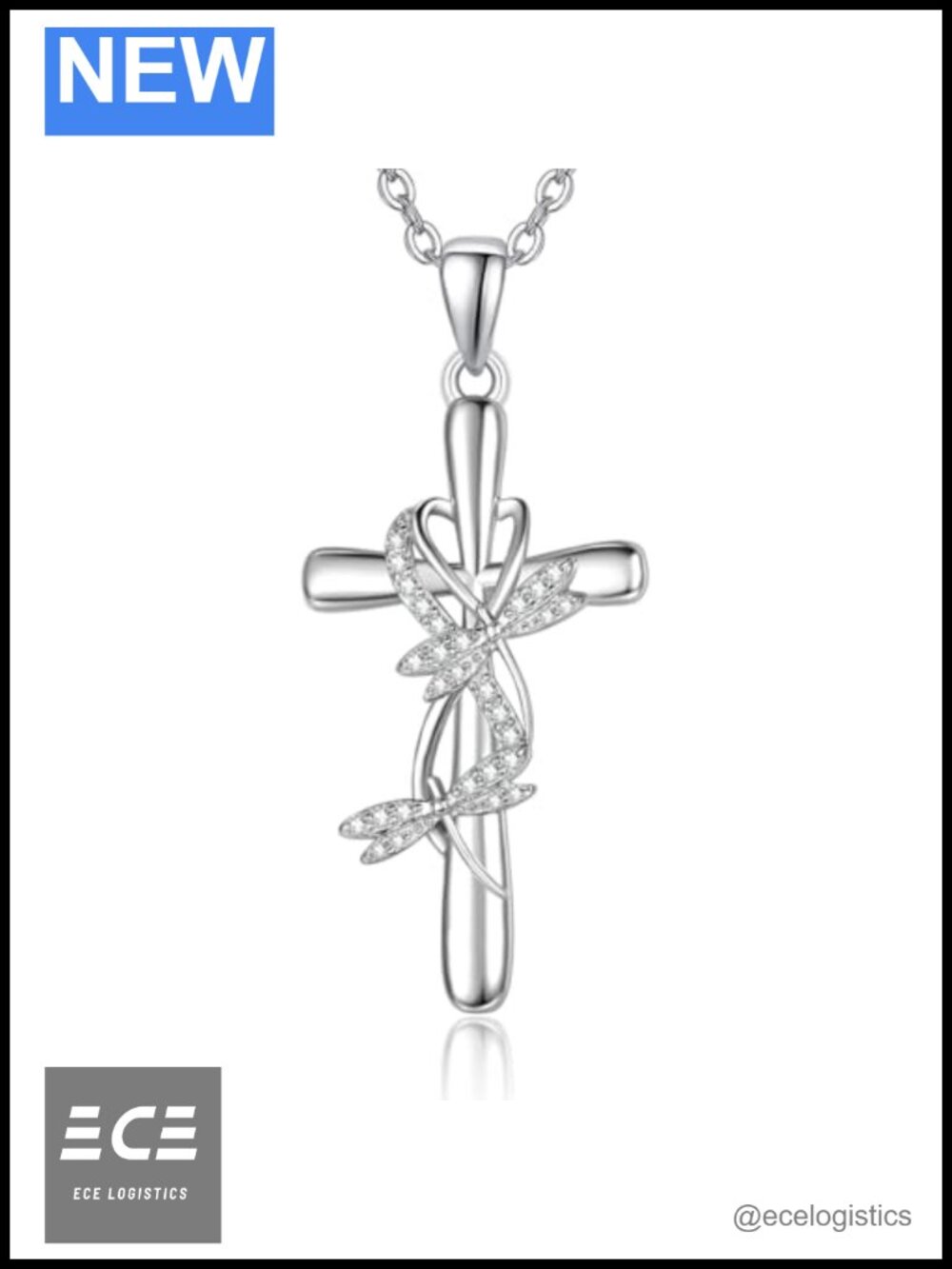 925 Sterling Silver Cross Necklace CZ Dragonfly Pendant Baptism Gift